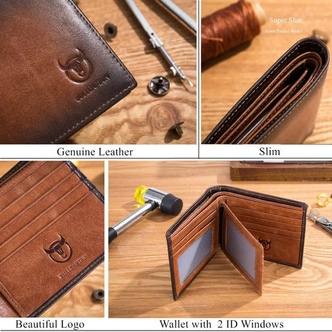 Ultra Slim RFID Wallet For Men Genuine Leather Bifold Front Pocket Card Holder With Two ID Windows Minimalist Design Built To Last Everyday Carry Ready Brown Finish displayed open and closed on a table showcasing details and logo