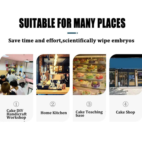 Automatic Cake Coating And Smoothing Machine For Home Or Bakery Portable Icing Tool usage locations displayed in images.