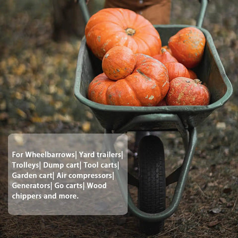 Wheelbarrow filled with pumpkins, suitable for 13 Inch Go-To Wheel And Tire Replacement Set For Hand Trucks Garden Carts Wheelbarrows And Dollies Solid Flat Free 4.00-6 Tires With 5/8 Inch Axle Bore And 2.1 Inch Hub Offset Pack Of 2.