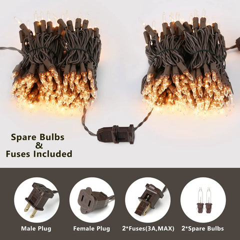 Clear Christmas Lights String With Brown Wire 21 Feet Long 100 Incandescent Bulbs Warm White Glow Outdoor UL Certified with Accessories