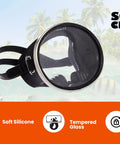 Free Dive Spearfishing Mask With Classic Rubber Finish And Tempered Glass Lenses Oval Stainless Steel Frame For Enhanced Visibility And Comfort During Underwater Adventures, shown against tropical background with icons for silicone, tempered glass, and secure fit