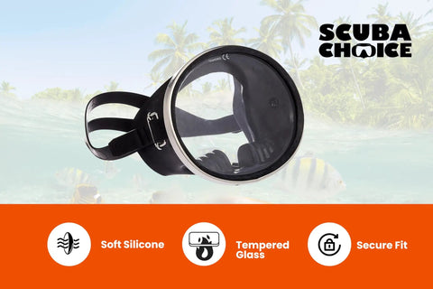 Free Dive Spearfishing Mask With Classic Rubber Finish And Tempered Glass Lenses Oval Stainless Steel Frame For Enhanced Visibility And Comfort During Underwater Adventures, shown against tropical background with icons for silicone, tempered glass, and secure fit