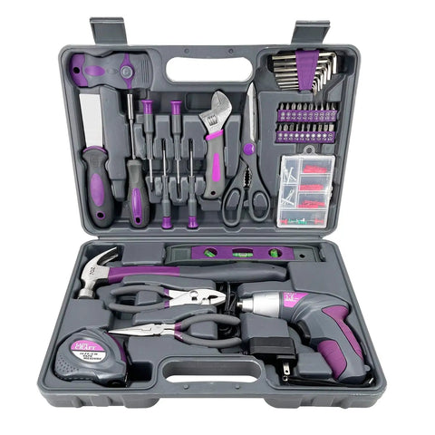 44 Piece 4V Cordless Screwdriver Tool Kit Set in Pink for Women, shown open with tools in storage case; home repair essentials