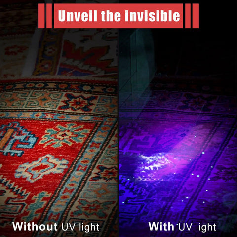 Comparison of a rug without and with a UV black light showing hidden stains, showcasing 4 Pack UV Black Light Pen Lights for Urine Leaks and Stain Detection.