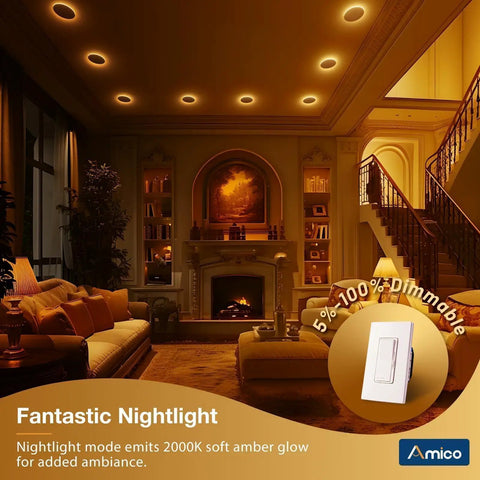 Living room with 20 Pack 6 Inch Led Recessed Lights With Night Light Mode glowing amber, enhancing ambiance and style.