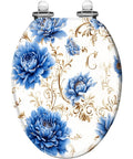 Elongated Toilet Seat Cover Quiet Close with blue floral design on white background, suitable for standard toilet sizes.