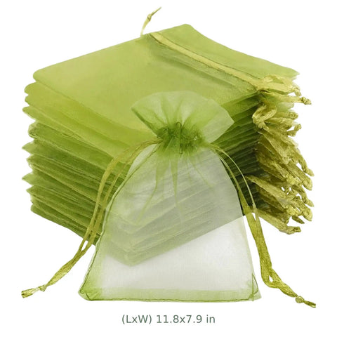Stack of One Hundred Green Organza Bags with Sheer Mesh Drawstring Pouches 7.9x11.8 in for Weddings Favors