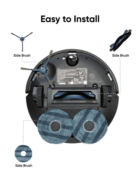 Must Have Accessory Kit For Robot Vacuum Omni C20 including 2 side brushes, 1 rolling brush, 2 mop pads shown on vacuum base