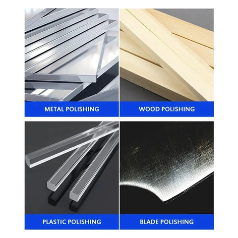 Metal and wood samples for polishing, highlighting versatility of the Mini Electric Belt Sander Grinder With 7 Adjustable Speeds.