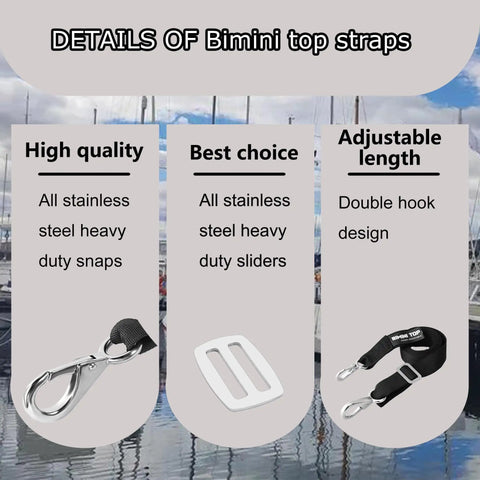 Adjustable Bimini Top Straps For Boats Marine Webbing With Stainless Steel Snap Hooks Heavy Duty UV Resistant 2 Pack