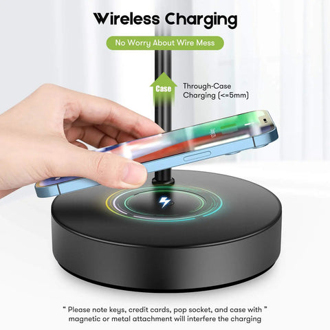 Wireless charging pad on industrial desk lamp for easy phone charging, part of Set Of 2 Industrial Wireless Charging Desk Lamps With 3 Way Touch Control Dimmable Lighting USB Port Bedside Nightstand Lamps Hanging Seeded Glass Shade Ideal For Office Bedroom Or Living Room Bulb Included.