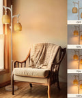 68 Inch Farmhouse Floor Lamp With Tree Trunk Faux Wood Column And White Washed Wicker Drum Shade, Rustic Country Decor by a window