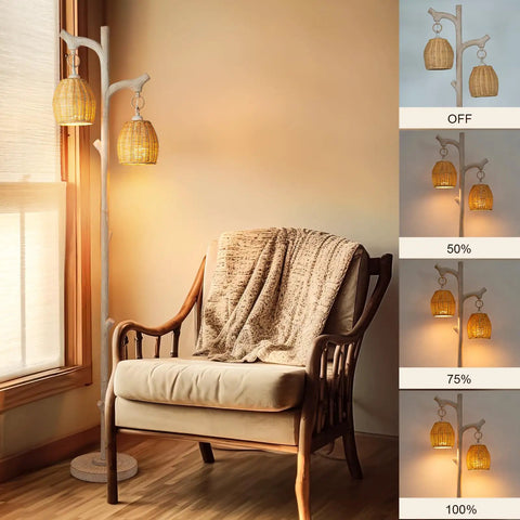 68 Inch Farmhouse Floor Lamp With Tree Trunk Faux Wood Column And White Washed Wicker Drum Shade, Rustic Country Decor by a window