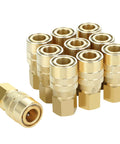 Brass air hose fittings one quarter inch body size M type plug NPT female threads ten piece air compressor coupler set displayed.
