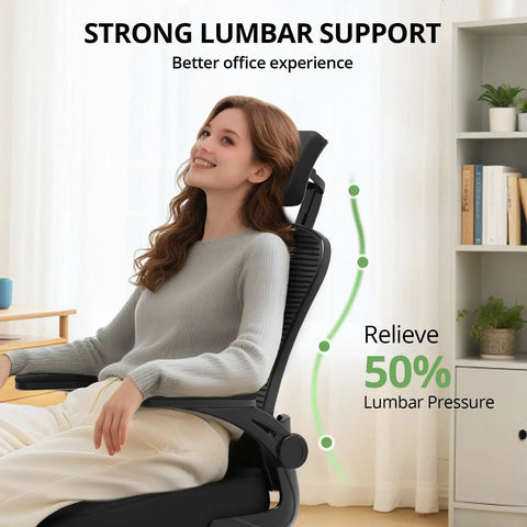 Woman sitting on Ergonomic Desk Chair For Long Hours With High Back And Plush Lumbar Support, Flip Up Armrests, Rolling Swivel, Black