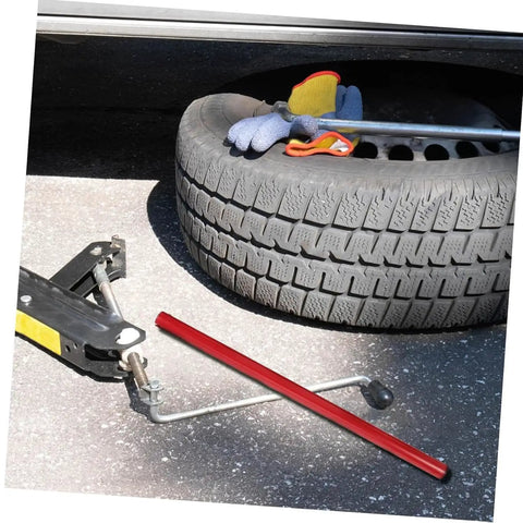 Heavy Duty Floor Jack Handle Replacement With Textured Grip Sleeve For 50 Ton Hydraulic Bottle Lifts, red handle beside tire.