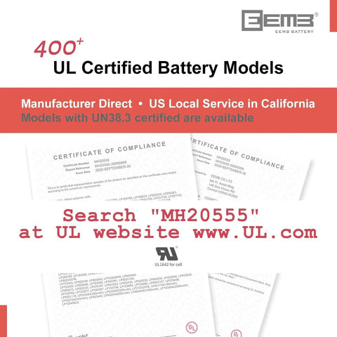 UL certified battery models with compliance certificates, search 'MH20555' at UL website for more information.