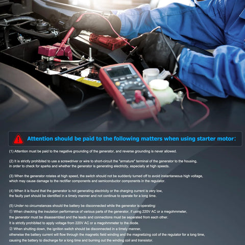 Mechanic testing car battery and alternator with multimeter next to battery compartment.