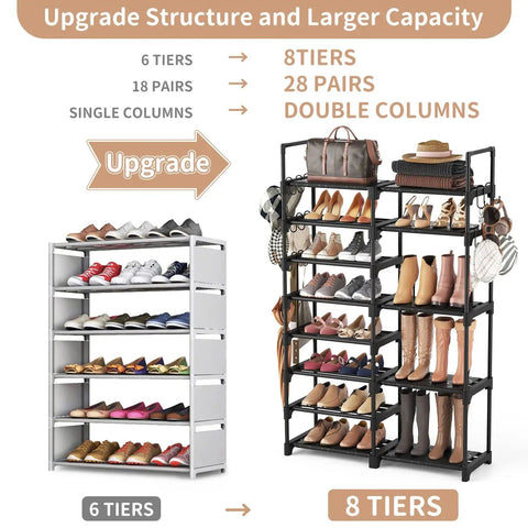 Comparison of white 6-tier and black 8-tier metal shoe racks, each showing footwear storage capacity and design upgrade.