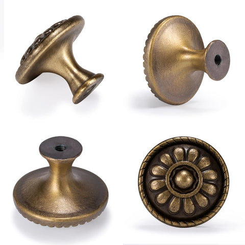 Antique Brass Cabinet Knobs 10 Pack Solid Zinc Alloy Vintage Drawer Knobs for dressers and nightstands, rust resistant finish.
