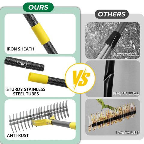Comparison of 70 Inch Heavy Duty Lawn Thatching Rake With Adjustable Stainless Steel Handle and competitor rake.
