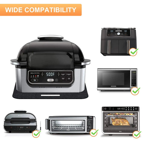 Wide compatibility diagram with various appliances on a Two Pack Heat Resistant Air Fryer Mat Set 15 By 18 Inches Each With 2 In 1 Sliding Caddy