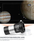 Close-up of 2x Barlow lens from Beginner Telescope Accessory Kit with planetary magnification diagram for stargazing