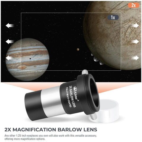 Close-up of 2x Barlow lens from Beginner Telescope Accessory Kit with planetary magnification diagram for stargazing
