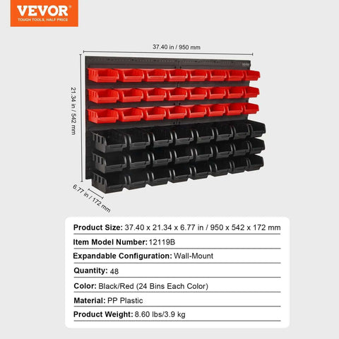 48 Bin Wall Mounted Storage Bins Rack Organizer with black and red bins on durable wall panels