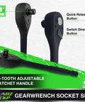 72-tooth ratchet handle from Three Eighth Inch Drive Impact Socket Set With 52 Pieces SAE And Metric Deep And Shallow 6 Point Sockets