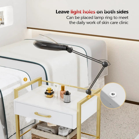 Salon Trolley Cart With Wheels For Estheticians, Mobile Beauty Cart With 1 Drawer And 2 Trays in white gold finish, with lamp.