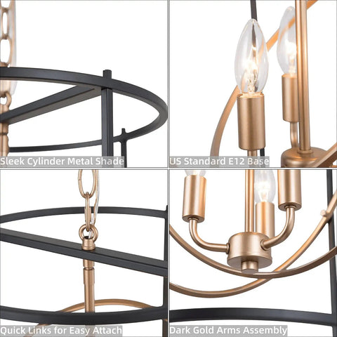 Dope Black And Gold Three Light Drum Pendant Chandelier With Height Adjustable Rods showing sleek metal shade and gold arms