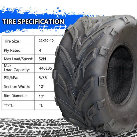Two Pack 22x10-10 ATV UTV Tubeless All Terrain Mud Trail Sand Off Road Tires With Beefed Up Heavy Duty Tread, side view.