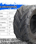 Heavy Duty Tubeless Tractor Tires Two Pack For Lawn Mowers ATVs And UTVs With 4PR Reinforced Construction And Serious Mud Sand Trail Grip image showing tire specifications.