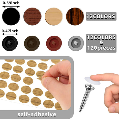 1152 Pcs Self Adhesive Screw Hole Stickers And 120 Pcs Screw Cap Covers Set, 15 Mm Waterproof Dustproof PVC Cap Covers in 12 Colors