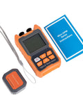 Front view of orange handheld optical power meter with LCD display, paired with remote unit and blue instruction booklet.