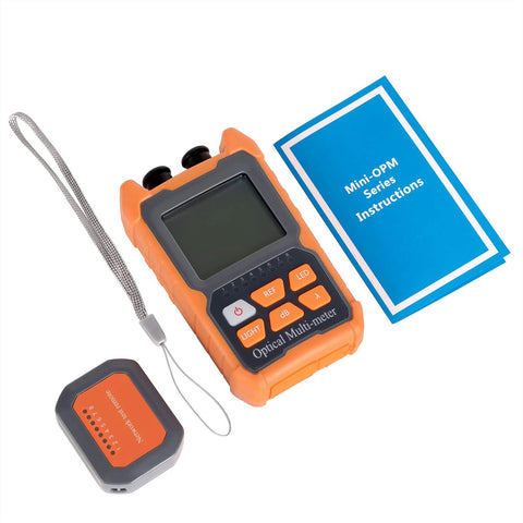Front view of orange handheld optical power meter with LCD display, paired with remote unit and blue instruction booklet.