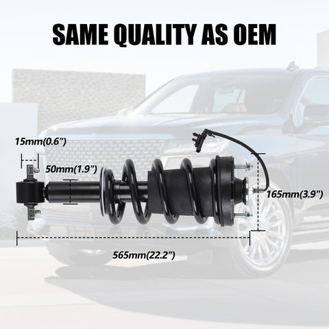 2 Piece Front Strut Shock Absorber With Magnetic Springs For 2015 To 2022 Escalade Tahoe Suburban Silverado Sierra 1500 Yukon XL Denali For A Smoother Ride And Tougher Feel showing detailed dimensions and coil design