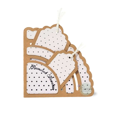Stitched Slotted Corner Pocket Die Cut Set With Large Scalloped Edge Pocket for crafting and scrapbooking projects.