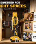 Cordless Right Angle Drill With Brushless Motor Compatible With Dewalt 20V Battery Delivering 400 Inch Pounds Torque showing compact design for tight spaces.