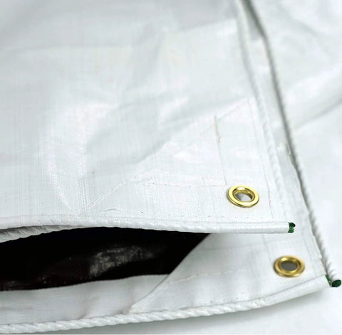 Close-up of HydraTarp Super Beefy Heavy Duty 16 Mil Tarp, 18 By 24 Feet, showing reversible white side with brass grommets.