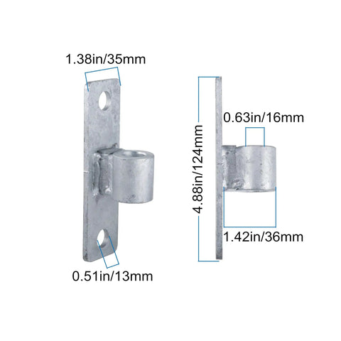 Wall Mount Gate Hinges For 5/8 Inch Pin Chain Link Fence Post, Heavy Duty Galvanized Iron Hardware Pack Of 4, side view dimensions