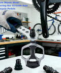 Heavy Duty Bike Pedal Wrench Tool Featuring Tough As Nails Steel Build With Long Non Slip Handle And 6 8 10mm Hex Sockets For No Sweat E Bike Repair Projects removing 10-tooth axle from bike pedal.