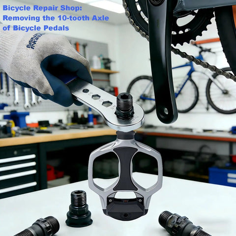Heavy Duty Bike Pedal Wrench Tool Featuring Tough As Nails Steel Build With Long Non Slip Handle And 6 8 10mm Hex Sockets For No Sweat E Bike Repair Projects removing 10-tooth axle from bike pedal.