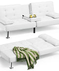 Leather Look Futon Sofa Bed With Removable Armrests, Comfy Adjustable Recliner Sleeper, Dual Cup Holders And Chrome Legs, White Modern Couch For Living Room, Apartment Or Office