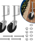 2 Pack Rock Solid Spring Loaded Gate Wheels Featuring 360 Degree Swivel Roll And No Sweat Height Adjustments For Smooth Outdoor Wooden Sliding Fence Tracks with black rubber wheels and metal brackets.
