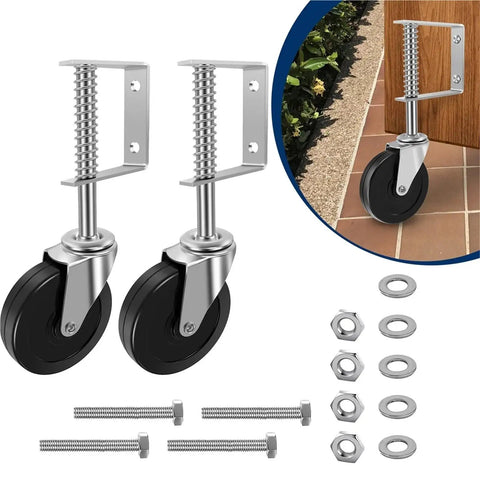 2 Pack Rock Solid Spring Loaded Gate Wheels Featuring 360 Degree Swivel Roll And No Sweat Height Adjustments For Smooth Outdoor Wooden Sliding Fence Tracks with black rubber wheels and metal brackets.