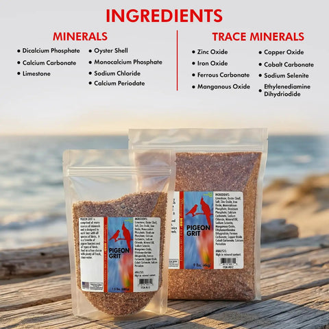 Pigeon Grit For Strong Muscles And Bones, Nutritious Bird Food For Grit Eating Birds, Supports Digestion, Mineral Rich Formula, One And A Half Pounds Bag Ideal For Everyday Feeding, Keeps Birds Pumped And Healthy on wooden table by seaside