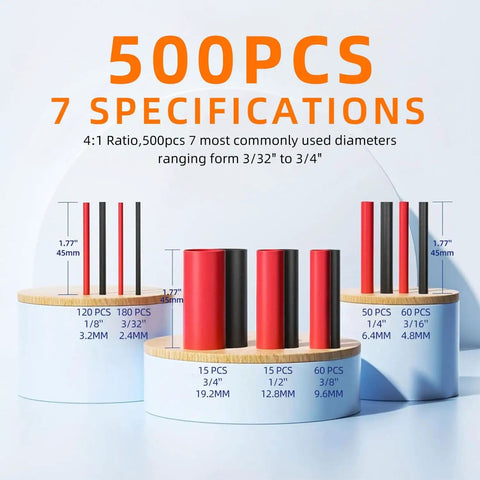 500 Pcs Heat Shrink Tubing Kit With 4 To 1 Shrink Ratio Adhesive Lined Marine Grade Shrink Wrap sizes and specifications