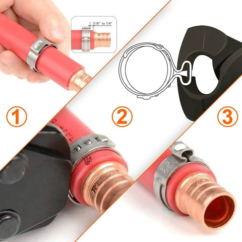 9 Inch Ear Clamp Pliers Carbon Steel Pincer Tool used on hose clamp with copper fitting, close-up of crimping action.